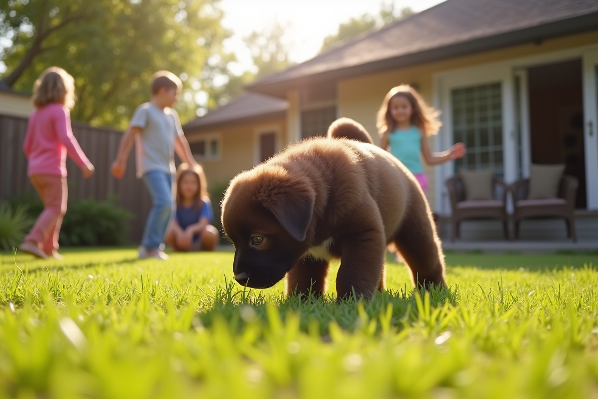 Chiot Newfoundland explorant un jardin en famille en plein air