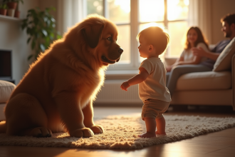 Premier contact entre un chiot Newfoundland et un enfant dans un salon chaleureux