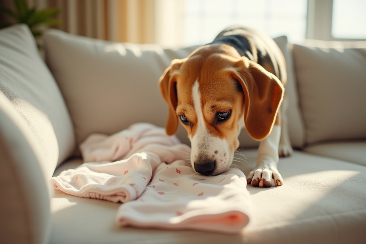 Chien beagle citron reniflant des vetements de bebe dans une nurserie ensoleillee