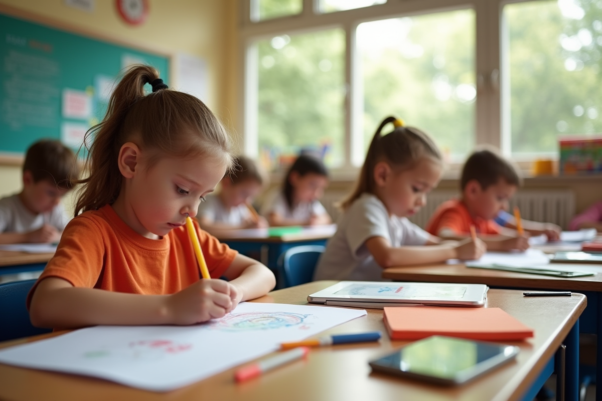 Enfants en classe faisant des activités créatives