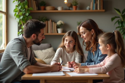 Femme coach en famille autour d'une table lumineuse