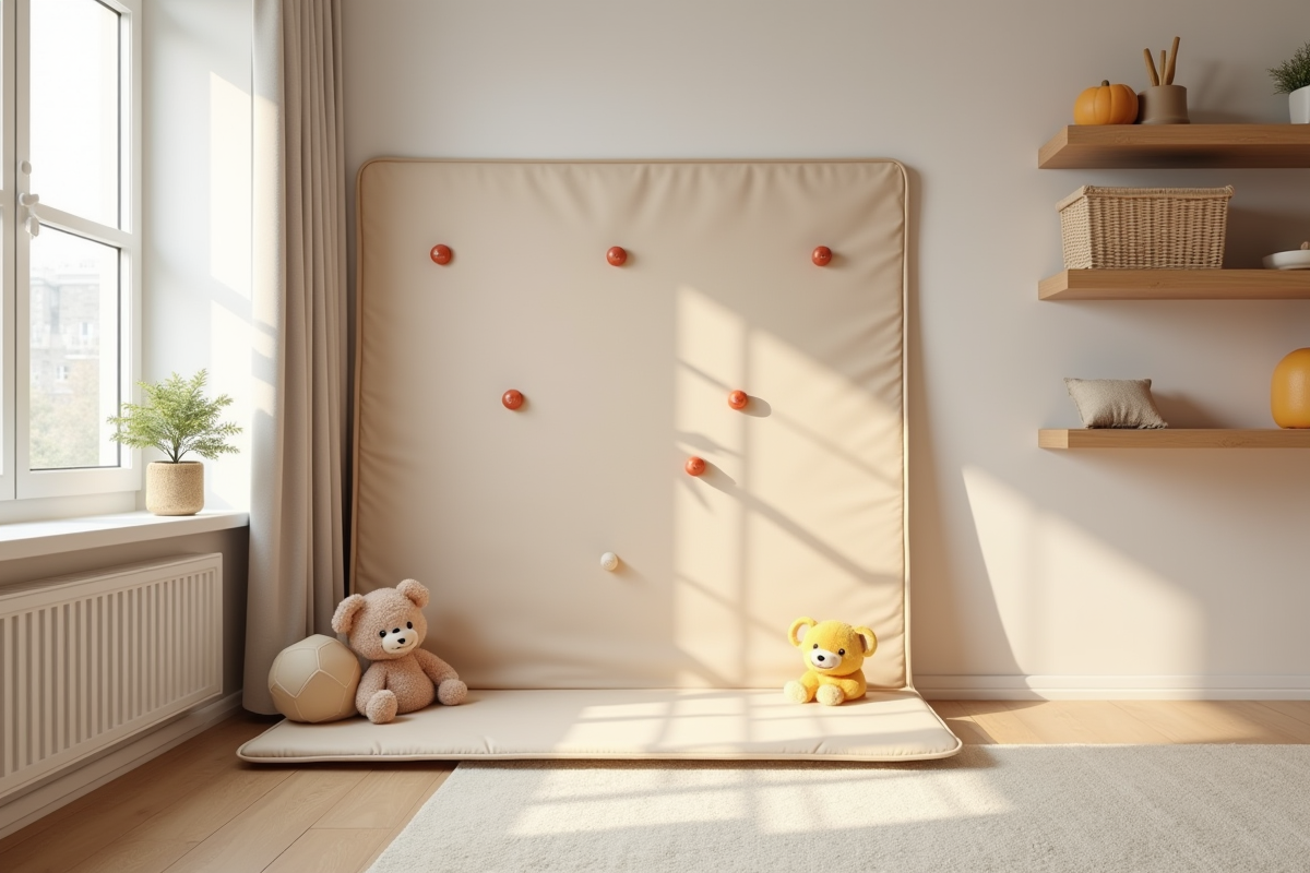 Coin de jeu moderne avec tapis pliable et rangement
