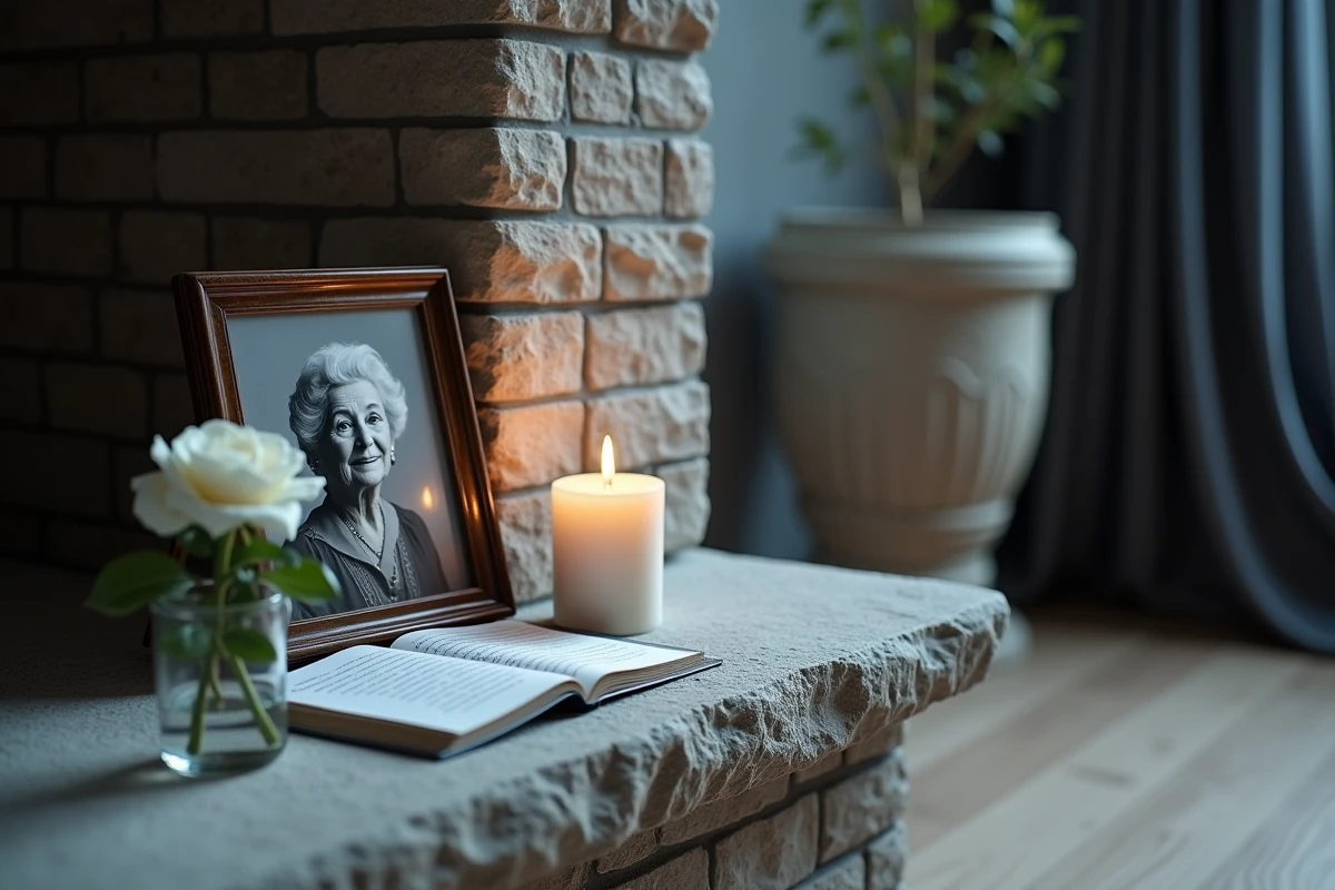 Coin mémorial avec portrait de maman, rose blanche et carte de condoléances manuscrite sur une cheminée en pierre