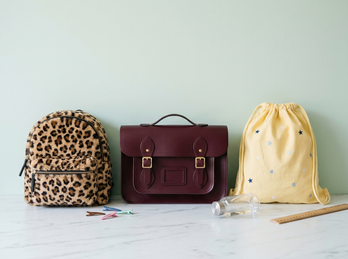 Trois cartables et sacs à dos pour filles disposés côte à côte sur un fond marbre blanc pour la rentrée scolaire