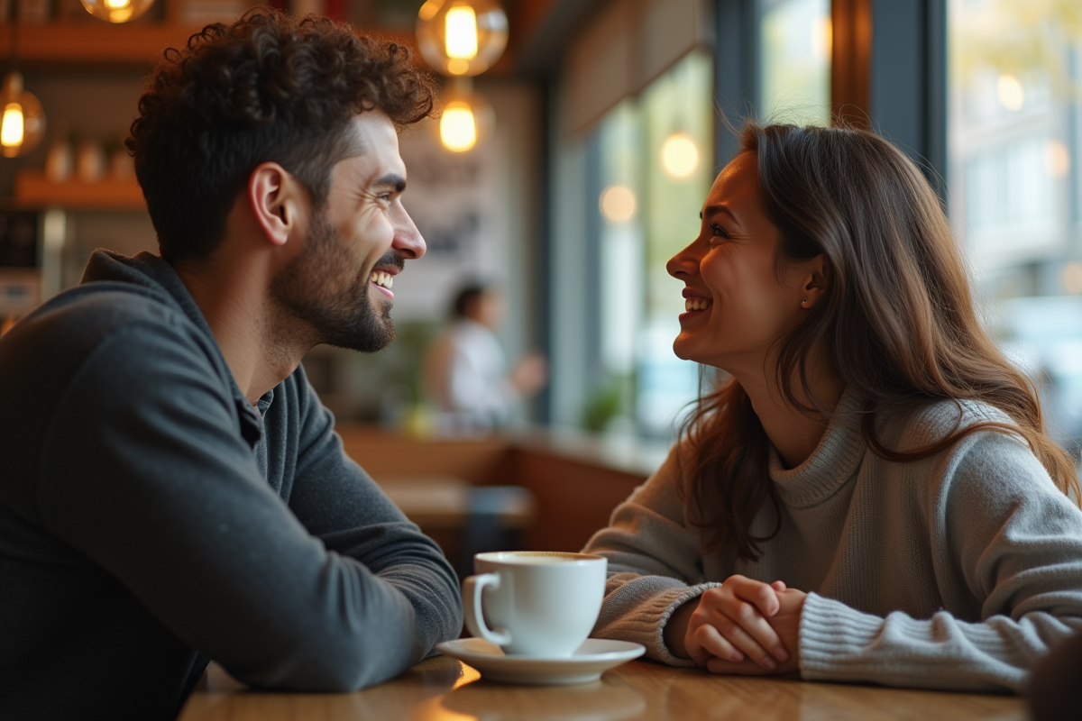 Homme souriant regardant une femme dans un café chaleureux