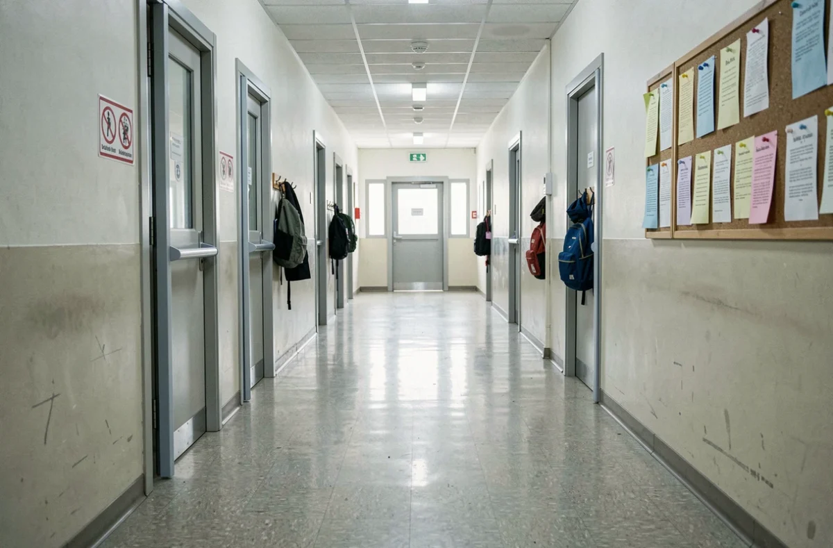 Couloir d'école élémentaire en France avec plusieurs portes équipées de protège-doigts anti pincement conformes aux normes de sécurité, aucun enfant présent