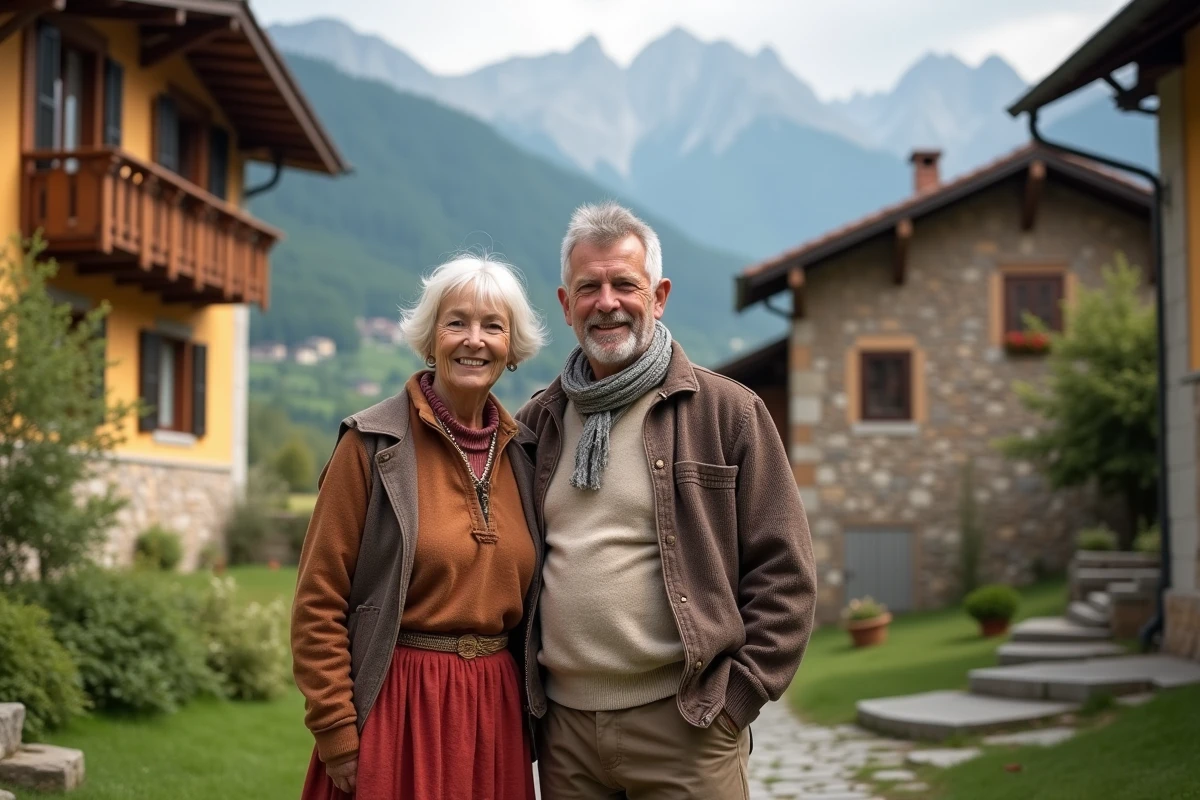 Couple italien dans un village alpin avec maisons en pierre