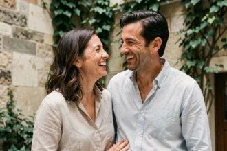 Couple complice dans une cour parisienne, homme et femme souriants aux origines méditerranéennes