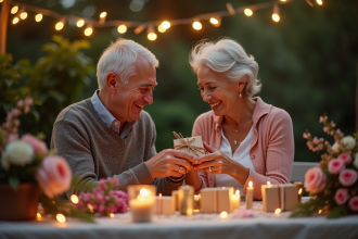 Couple mature échangeant des cadeaux faits main lors d'un anniversaire