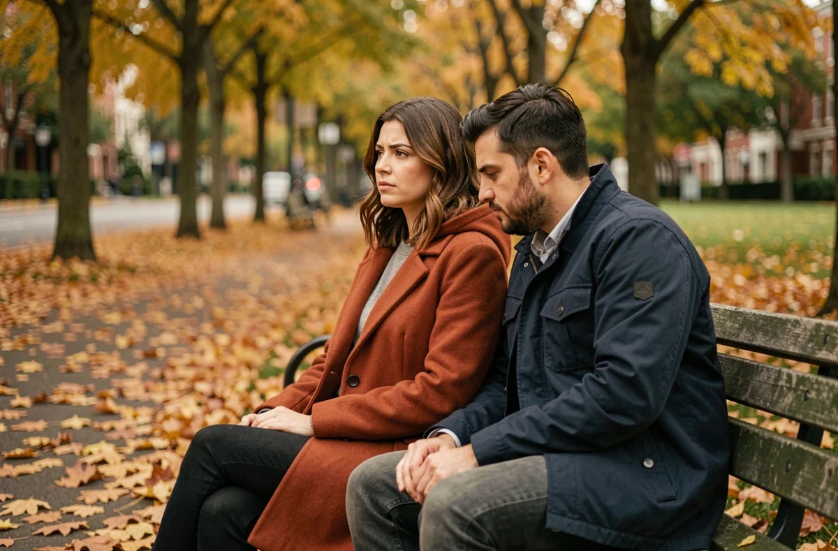 Couple sur un banc de parc en automne illustrant le doute entre amour véritable et attachement