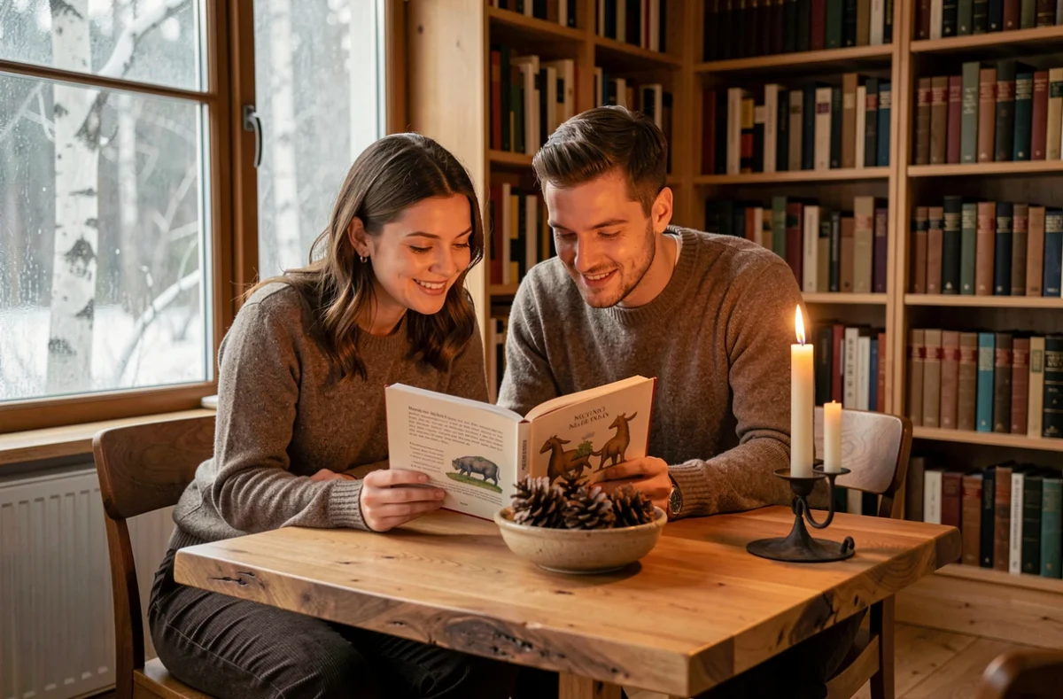 Couple consultant un livre illustré de prénoms nordiques et leur signification dans une bibliothèque scandinave