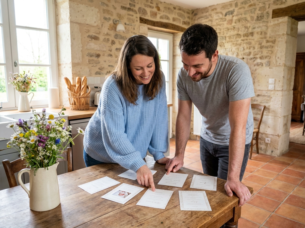 Couple choisissant des faire-part de naissance fabriqués en France sur une table de cuisine rustique