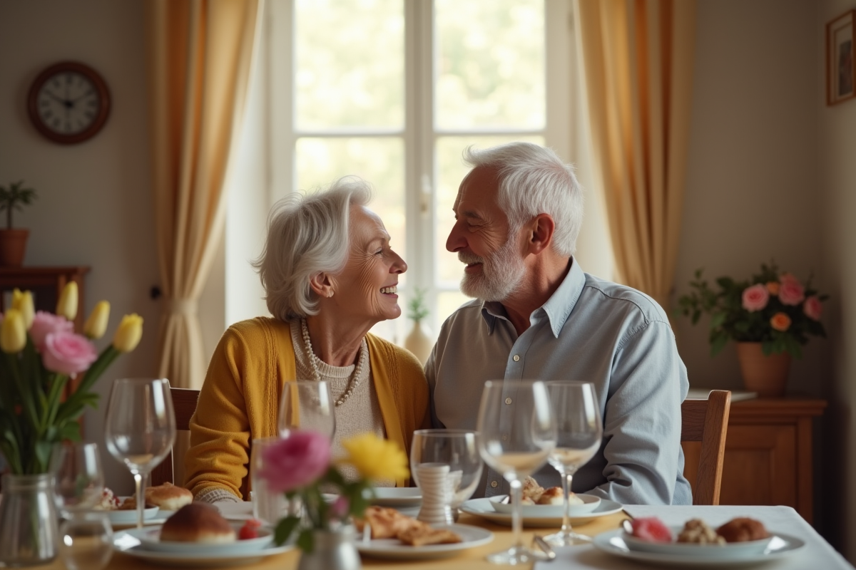 Couple âgé souriant lors d'un dîner intime à la maison