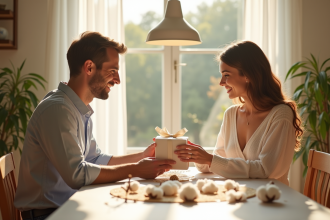 Jeune couple marié échangeant des cadeaux en coton