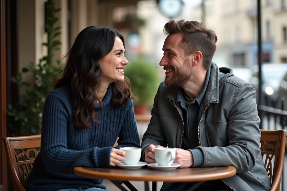 Couple discret partageant un moment intime dans un café parisien, scène de vie quotidienne