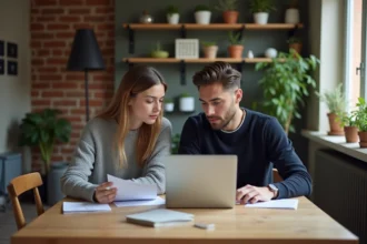 Couple en instance de divorce assis à une table en bois dans un appartement parisien moderne, entourés de documents juridiques