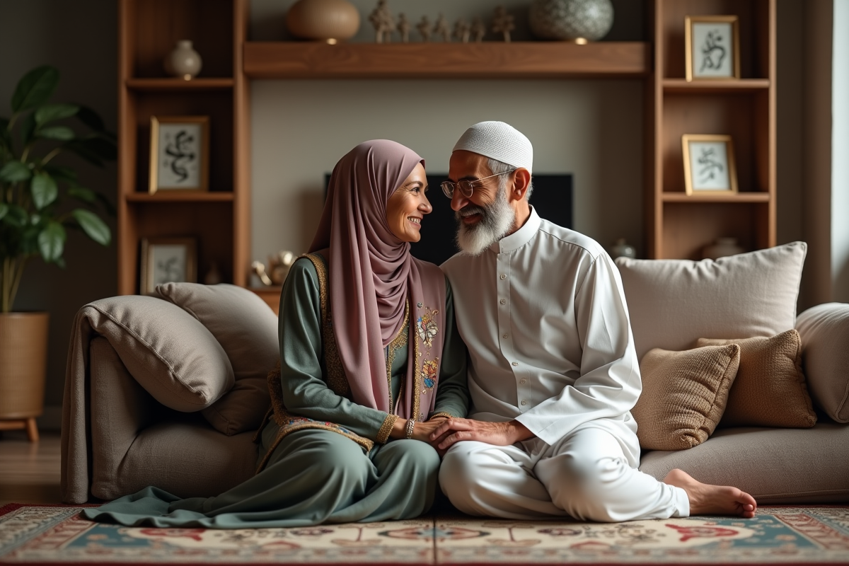 Couple musulman age assis sur tapis traditionnel