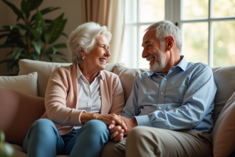 Couple agee souriant main dans la main dans un salon