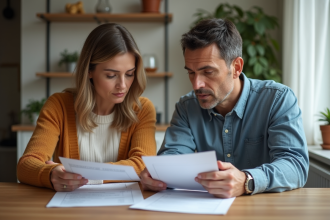 Couple d'adultes examinant des documents de loyer dans un appartement