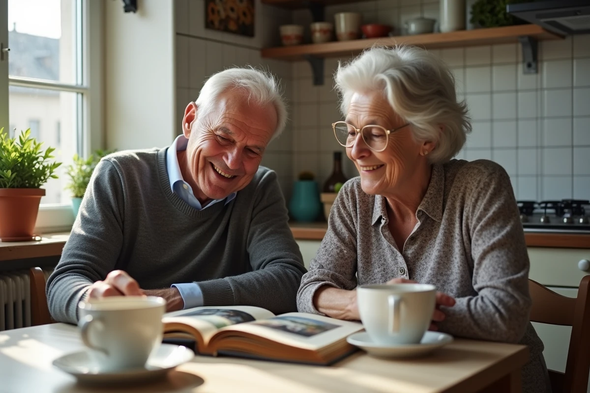 Couple âgé souriant en lisant un album photo dans la cuisine
