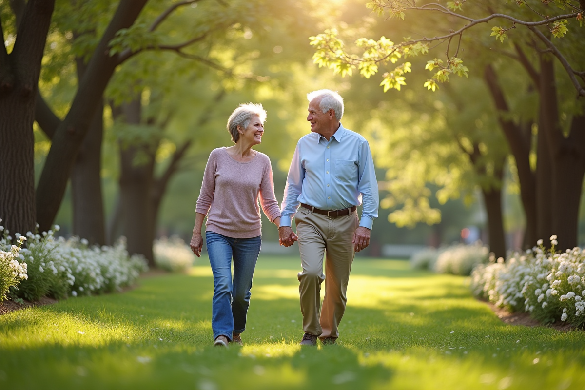 Couple mature marchant main dans la main dans un parc