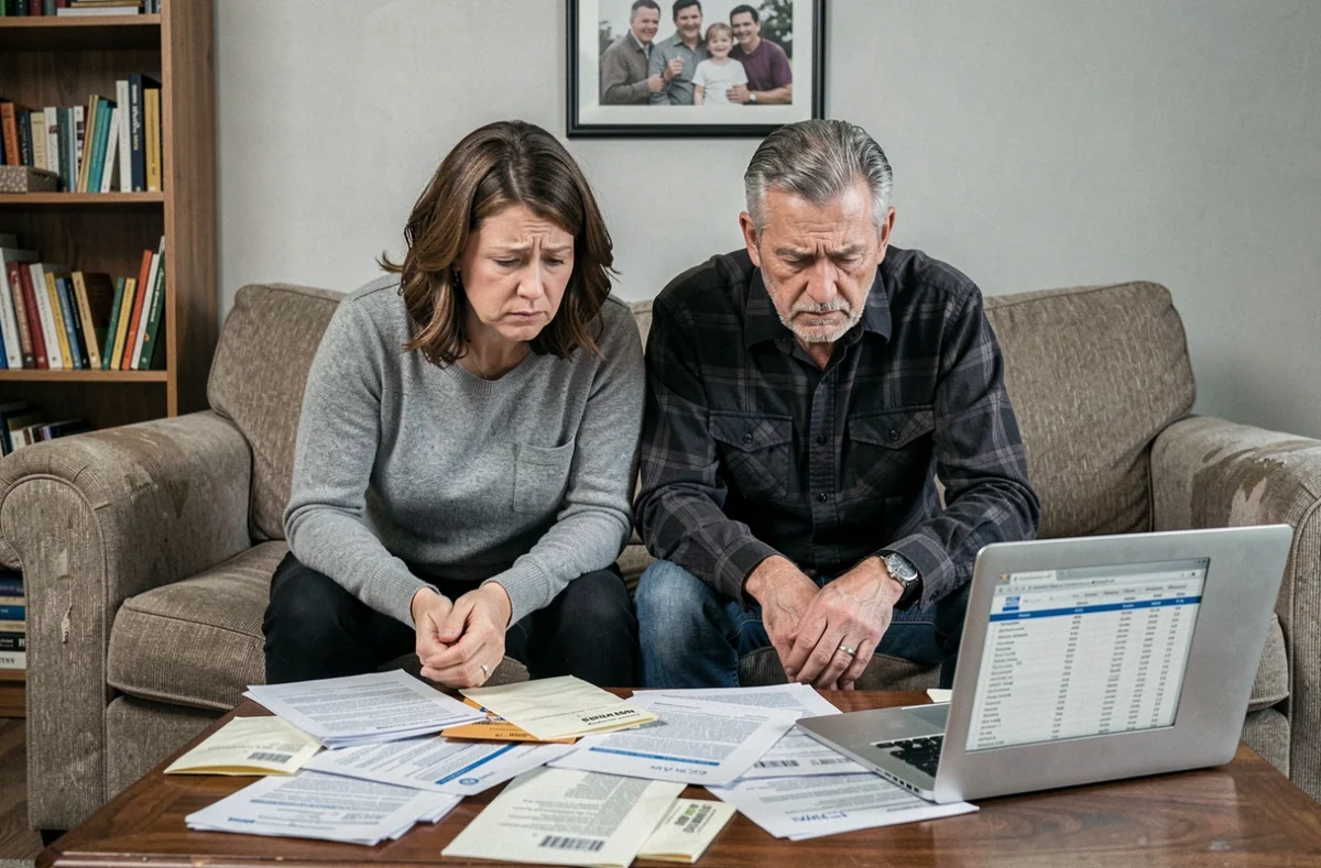 Couple d'obligés alimentaires examinant leurs finances et documents légaux liés au montant maximum de l'aide familiale