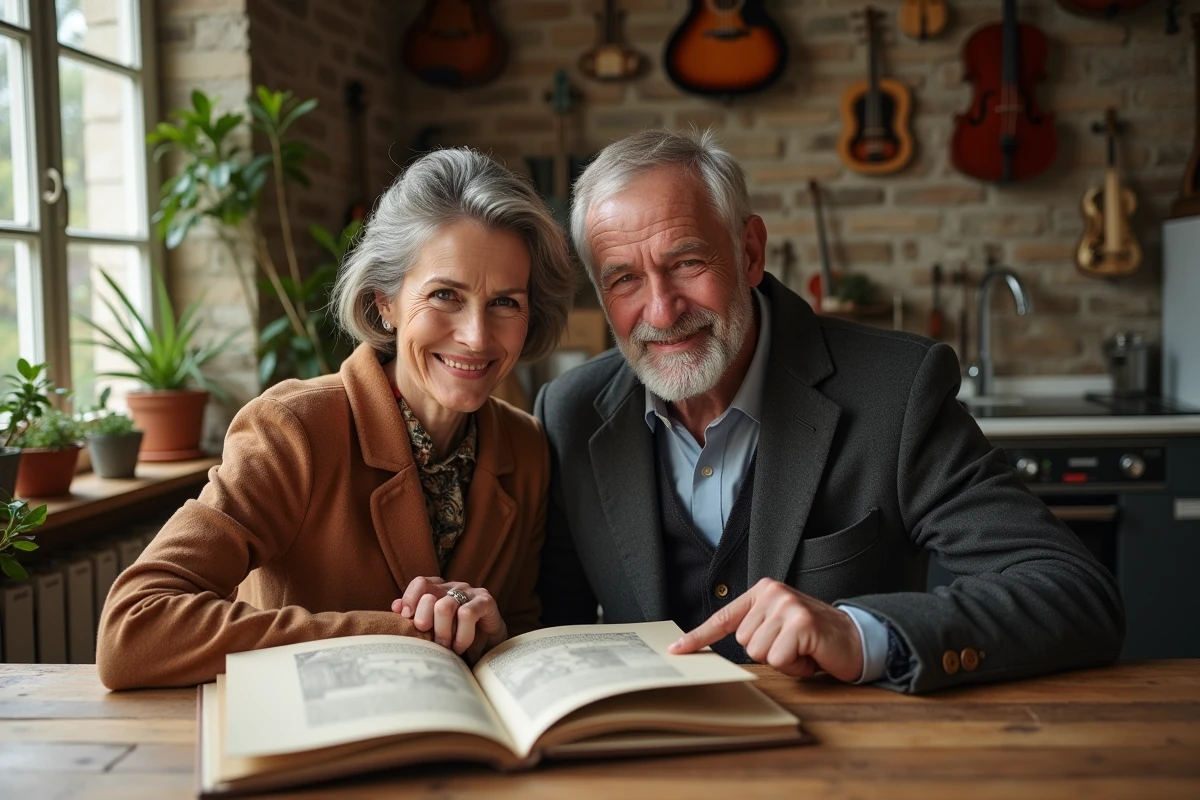 Couple d'âge moyen souriant en regardant un album photo dans un appartement parisien