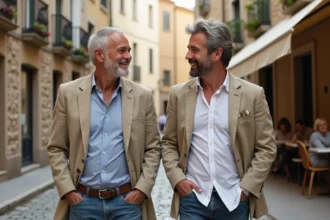 Deux hommes souriants se promenant ensemble dans une rue pavée européenne, évoquant un couple complice en voyage