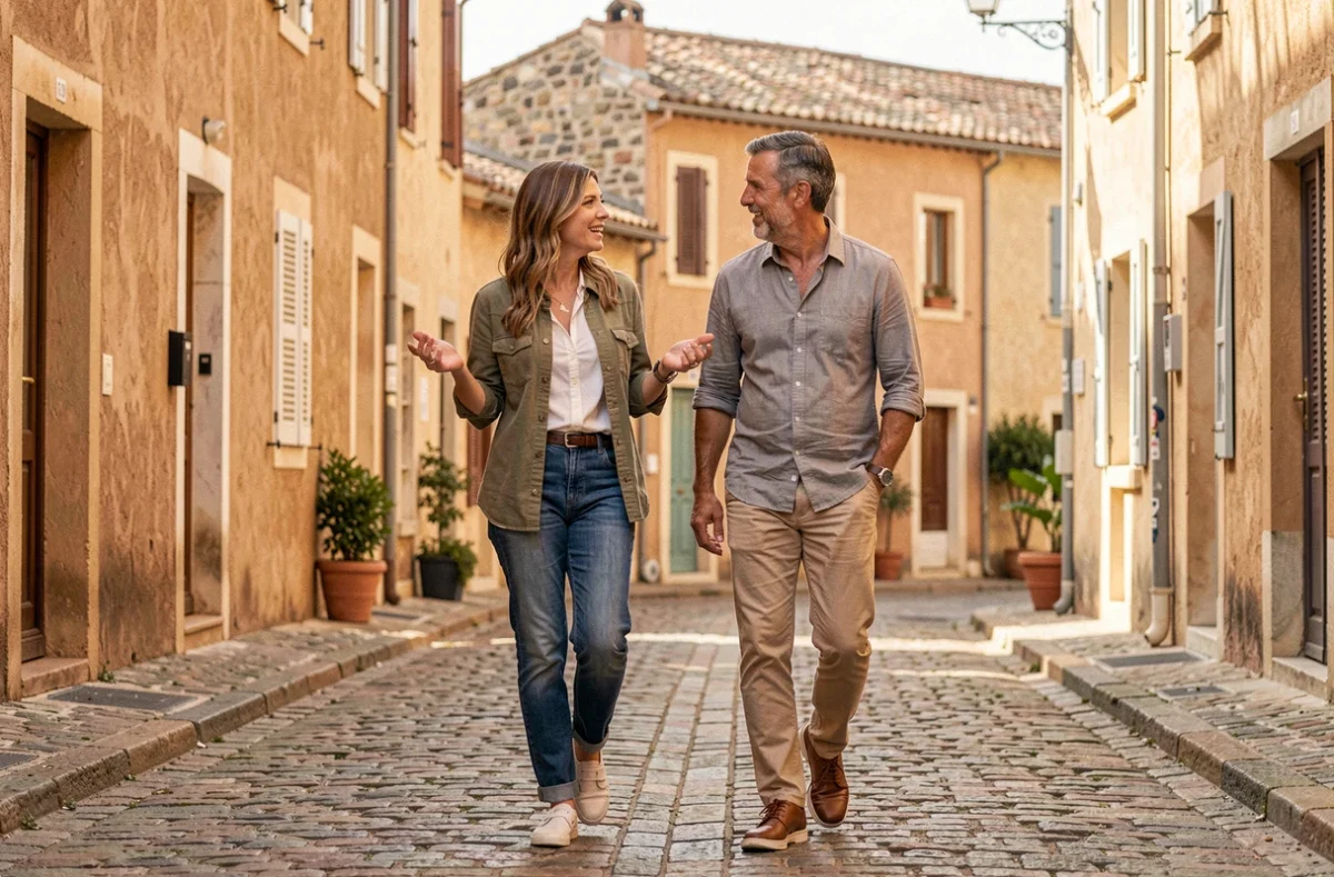 Couple se promenant dans un village du sud de la France, ambiance estivale et complicité naturelle