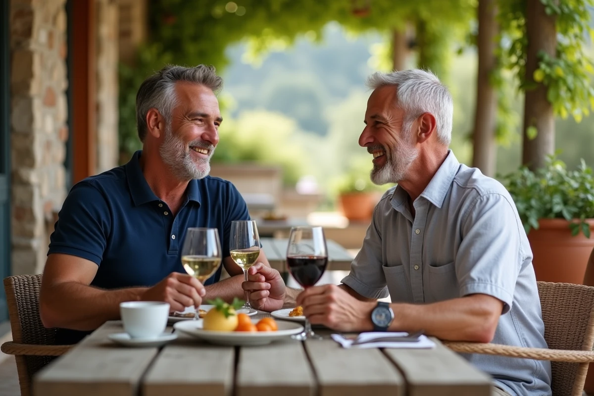 Deux hommes partageant un repas et riant ensemble en terrasse méditerranéenne, illustrant une vie de couple épanouie entre voyages et moments partagés