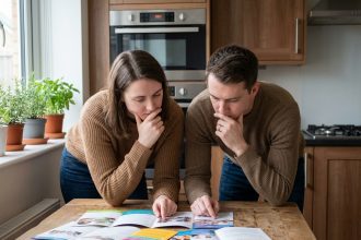Jeune couple examine des brochures de santé à la maison