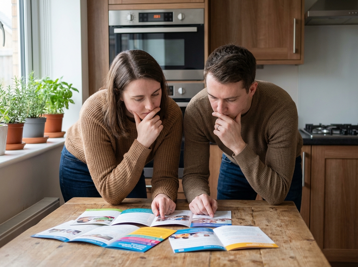 Jeune couple examine des brochures de santé à la maison