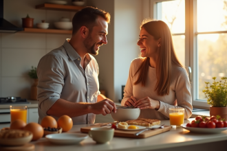 Couple marié riant dans une cuisine chaleureuse