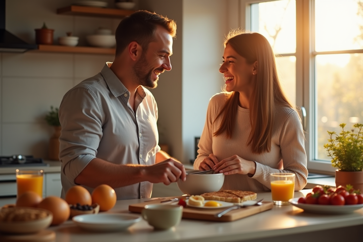 Couple marié riant dans une cuisine chaleureuse