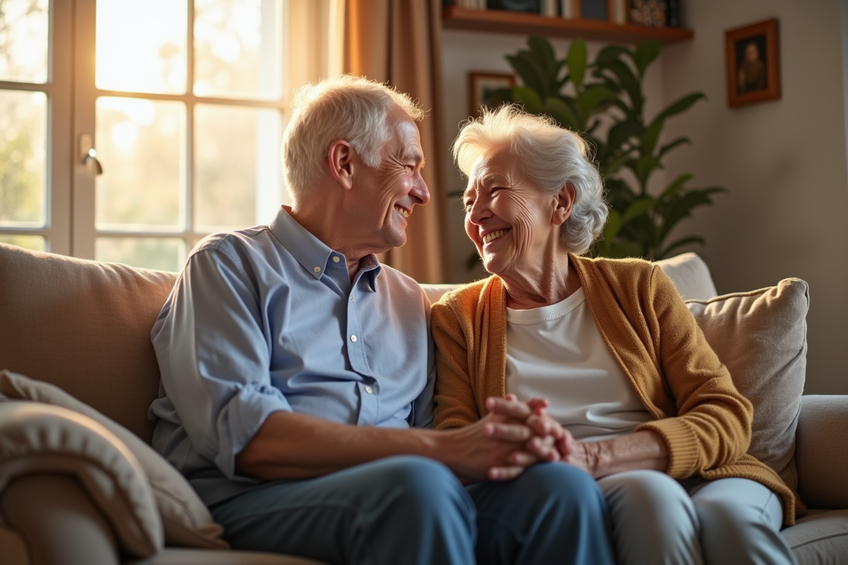 Couple senior souriant dans un salon chaleureux
