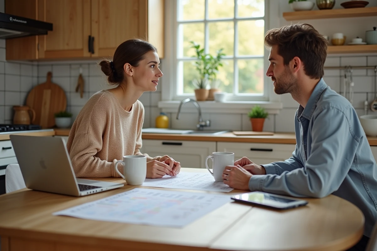 Couple en télétravail planifiant ensemble leur agenda annuel avec ordinateurs portables et planning imprimé incluant les jours fériés 2025-2026