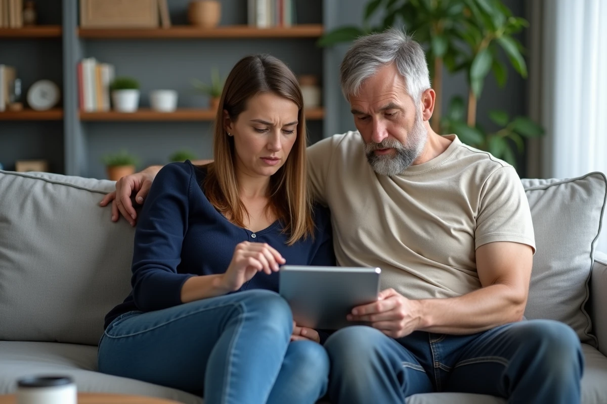 Couple consultant une tablette ensemble pour savoir si leurs données personnelles Pajemploi ont été compromises