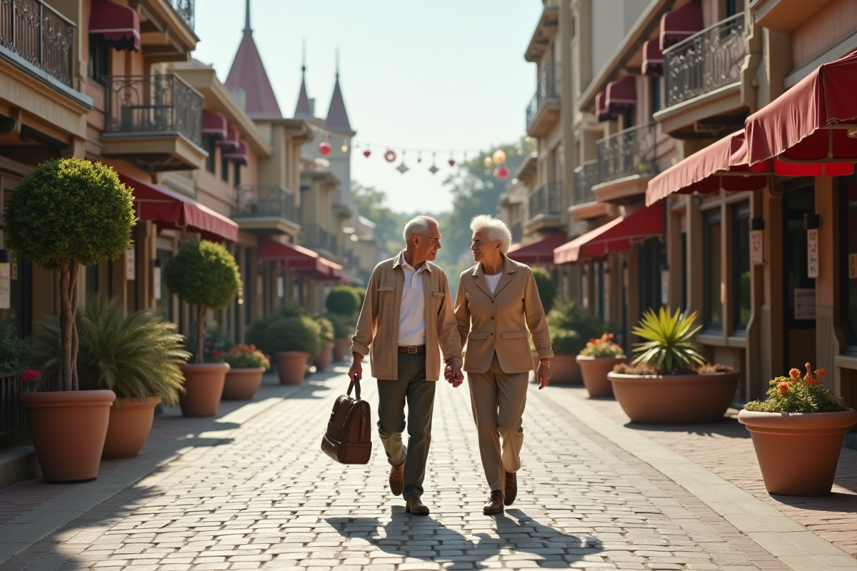 Couple âgé se promenant dans un parc avec pavillons internationaux