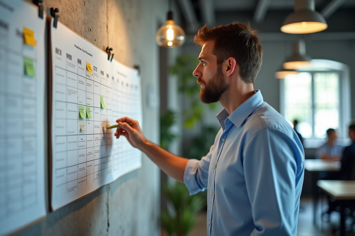 Homme en espace de coworking consultant un calendrier mural annoté pour planifier ses jours de télétravail et les jours fériés 2026
