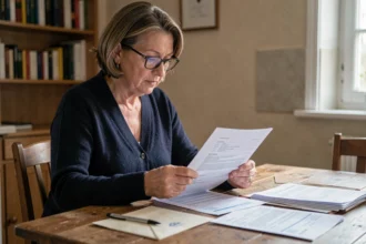 Femme d'âge mûr consultant des documents administratifs pour déclarer un décès à la CPAM