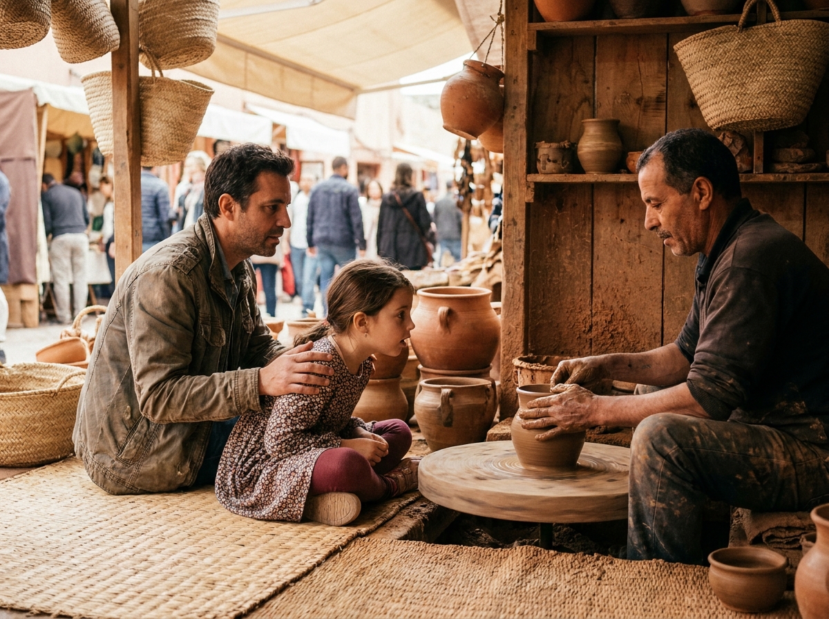 Père et fille assistant à une démonstration de poterie artisanale dans un marché traditionnel en voyage culturel