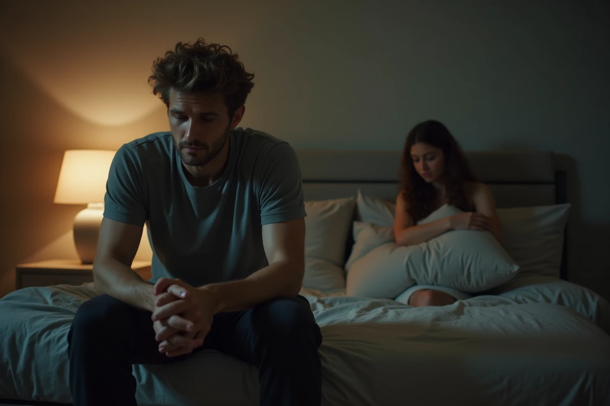 Homme évitant assis au bord du lit et femme anxieuse en retrait illustrant la distance émotionnelle dans un couple en crise