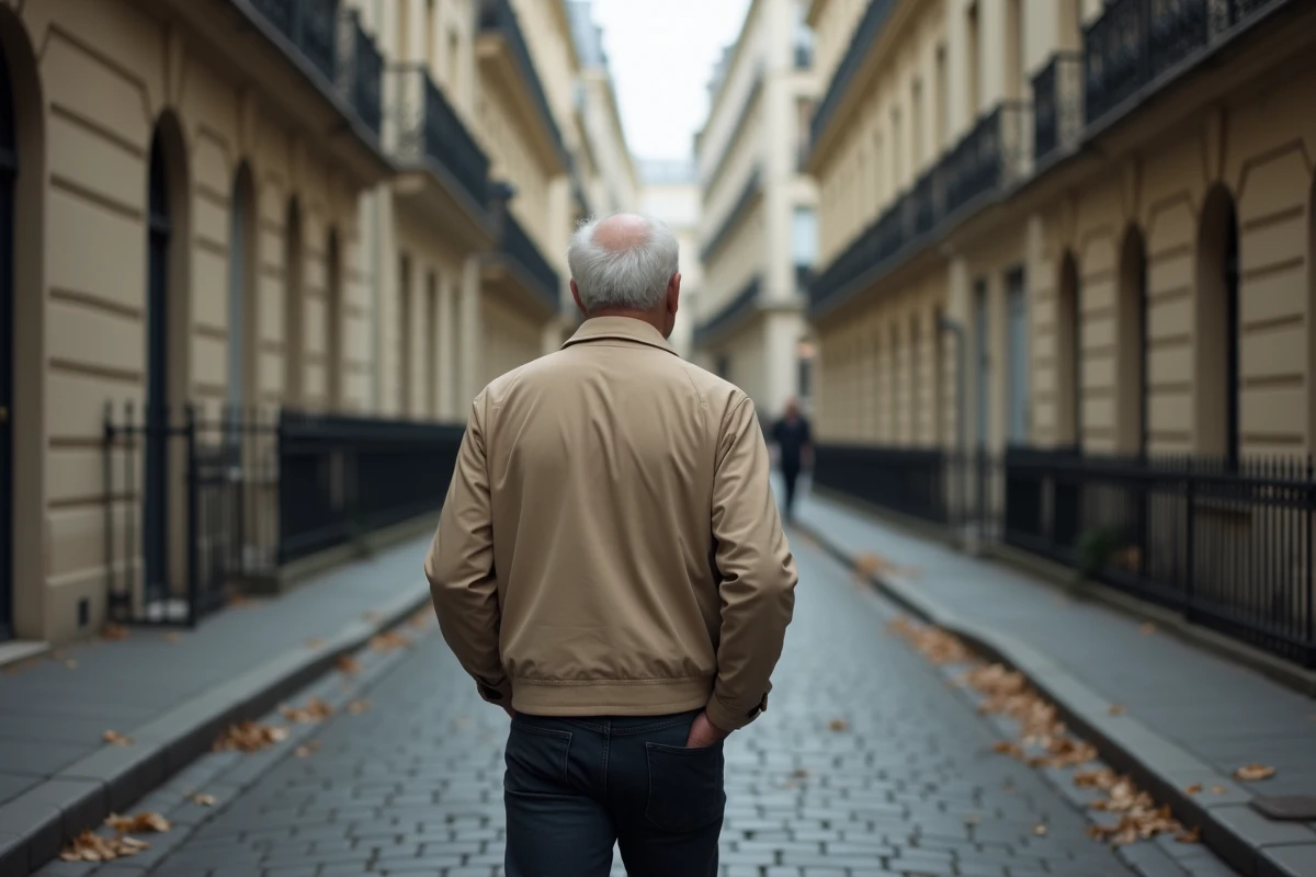 Homme marchant seul dans une rue parisienne pavée, silhouette discrète évoquant le respect de la vie privée et de l'intimité
