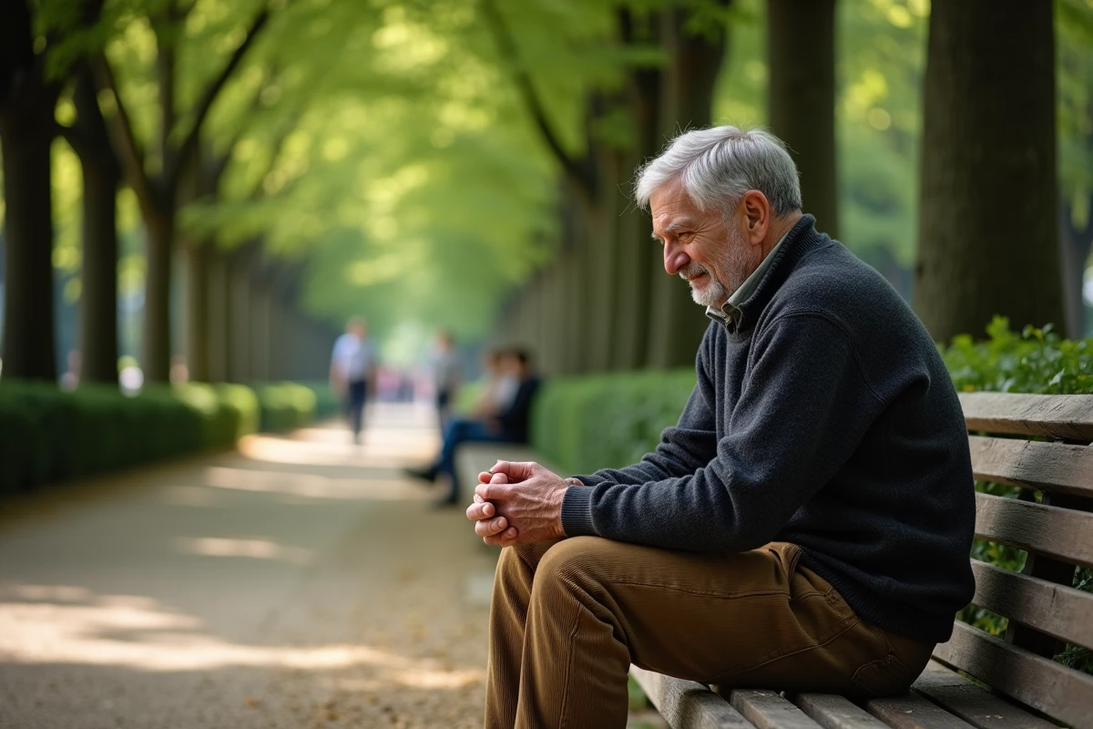 Homme seul assis sur un banc dans un parc français, posture introspective illustrant la frontière entre vie publique et vie privée