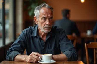 Portrait d'un homme d'âge mûr dans un café parisien, regard pensif et atmosphère intime évoquant la vie privée