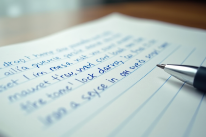 Vue rapprochee d'une rédaction manuscrite en bleu sur un cahier Seyes