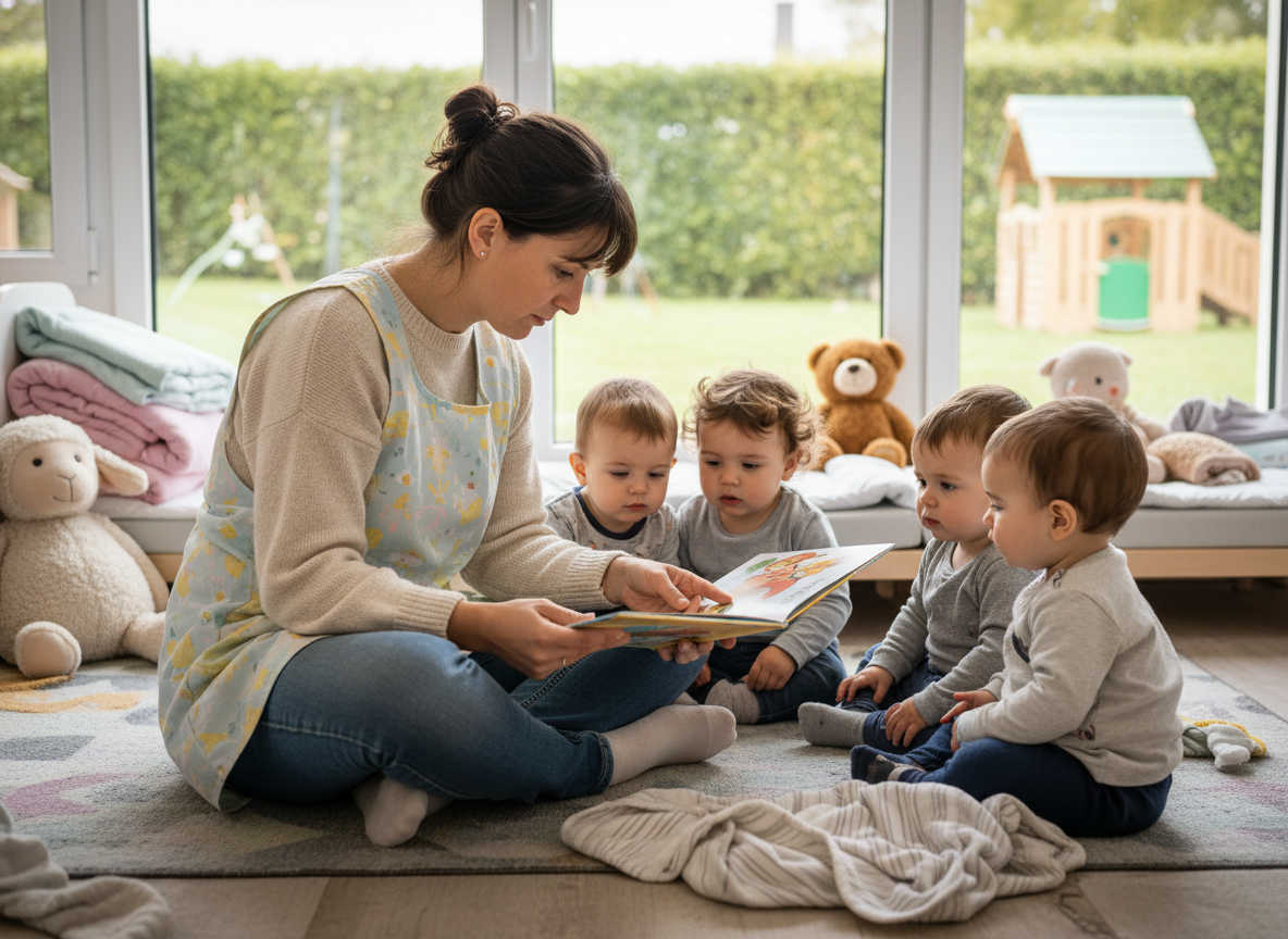 Une éducatrice lisant un livre aux tout-petits dans une salle de microcrèche