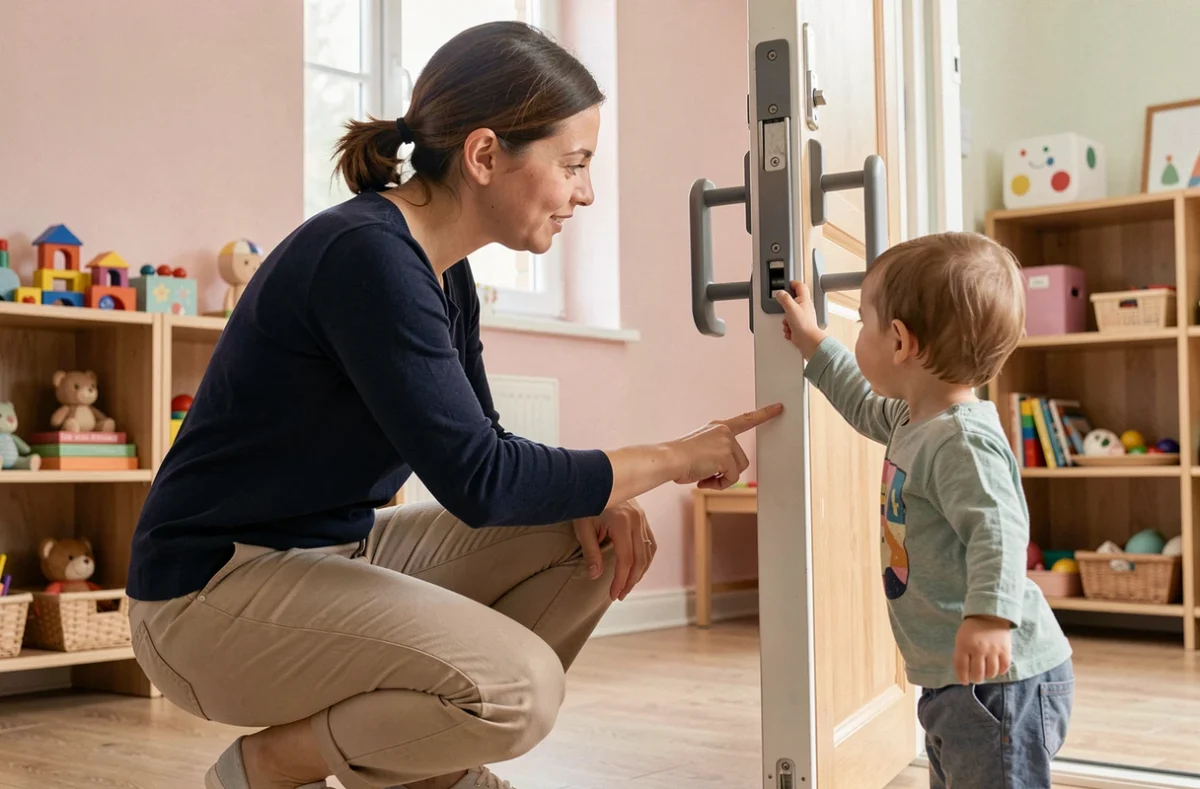 Éducatrice de crèche montrant à un tout-petit comment utiliser une porte équipée d'un protège-doigt anti pincement, dans une salle de classe maternelle