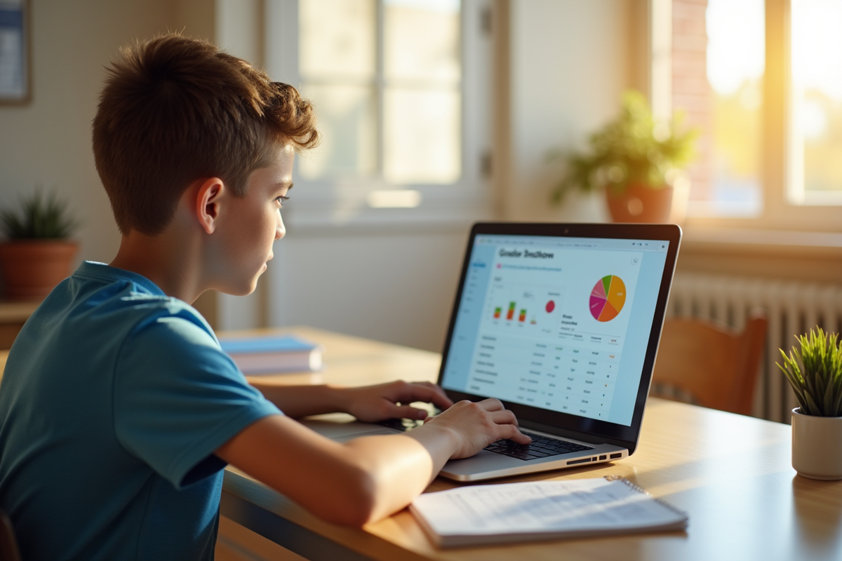 Jeune élève concentré sur son ordinateur portable à un bureau lumineux