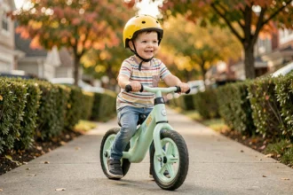 Enfant de 2 ans souriant sur une petite moto électrique verte avec casque jaune sur un trottoir résidentiel